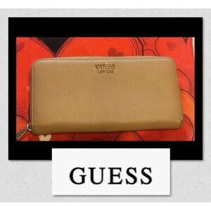 GUESS Women's Vegan - Zip Around Wallet Tan Camel With Gold Tones Faux Leather